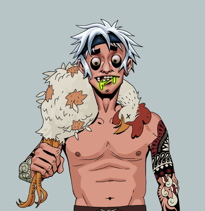 Toxic Azuma — Degen Dojo NFT art (Shirtless Runt, Light Grey, Degens, Yakuza Tattoo Sleeves, Toxic Azuma, White Ruffian, Chicken, Mint)