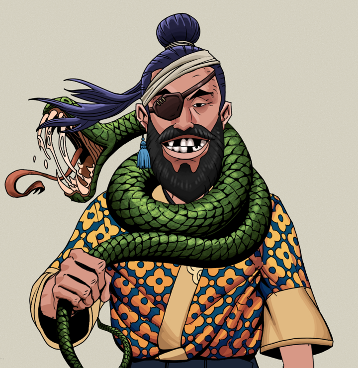 Igor The Veteran — Degen Dojo NFT art (Tassel, Warm Grey, Degens, Yellow Flowers Silk Kimono, Igor The Veteran, Shirtless Runt, Long Flowing, Enchanted Snake, Mint)