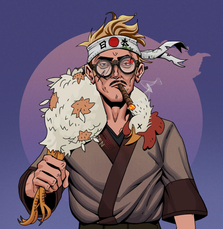 Raikou The Stoner — Degen Dojo NFT art (Shirtless Runt, Purple Night, Degens, Degen Dojo Kimono, Raikou The Stoner, Bloodied Glasses, Karate Headband, Chicken, Mint)