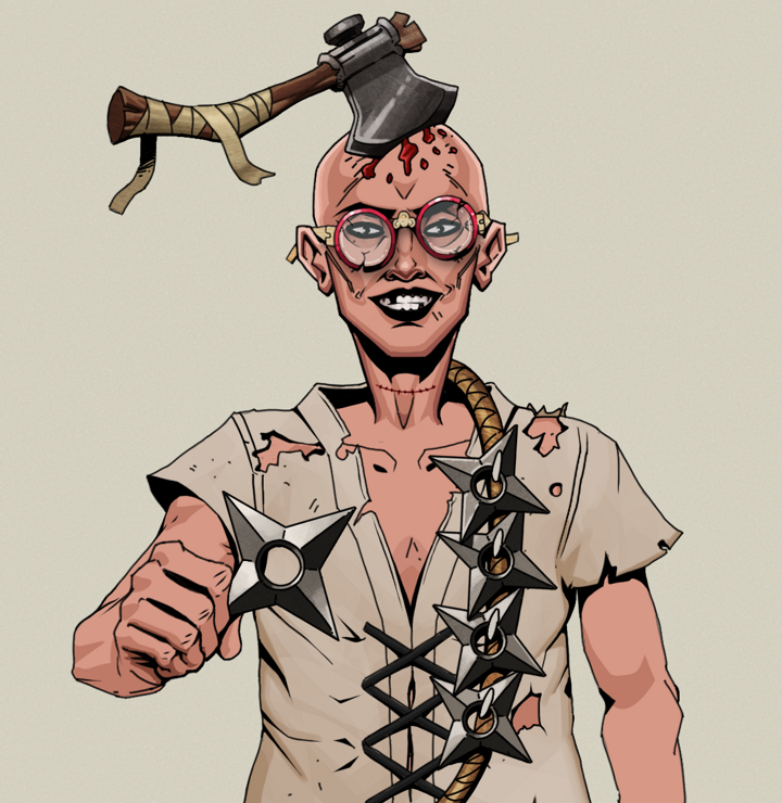 Junichiro Reborn — Degen Dojo NFT art (Shirtless Runt, Warm Grey, Degens, Rice Sack Rags, Junichiro Reborn, Broken Glasses, Splitting Axe Ache, Shuriken Belt, Mint)