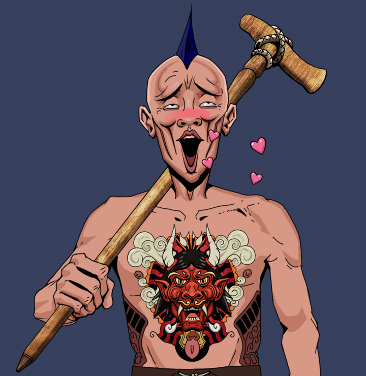 Lovey Haruto — Degen Dojo NFT art (Shirtless Runt, Blue Evening, Degens, Red Oni Tattoo, Lovey Haruto, Mohawk Spike, Wooden Walking Cane, Mint)