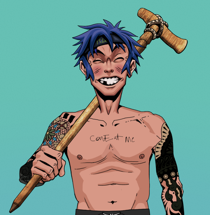 Cheery Haru — Degen Dojo NFT art (Shirtless Runt, Teal Daytime, Degens, Black Yakuza Sleeves, Cheery Haru, Bum Headband Ruffian, Wooden Walking Cane, Mint)