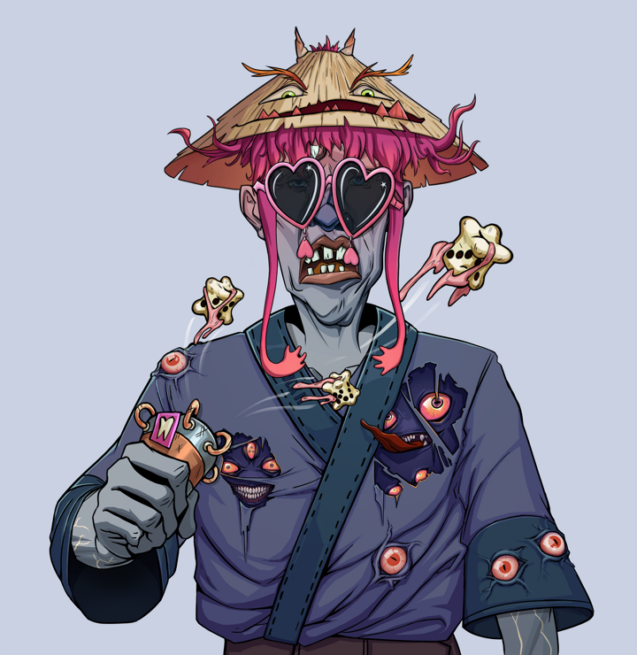 Goro — Degen Dojo NFT art (Shirtless Runt, Blue Evening, Demons, Fuck You Kimono, Goro, Loveheart Shades, Rice Hat, Chō-Han Gambling Dice, Mint)