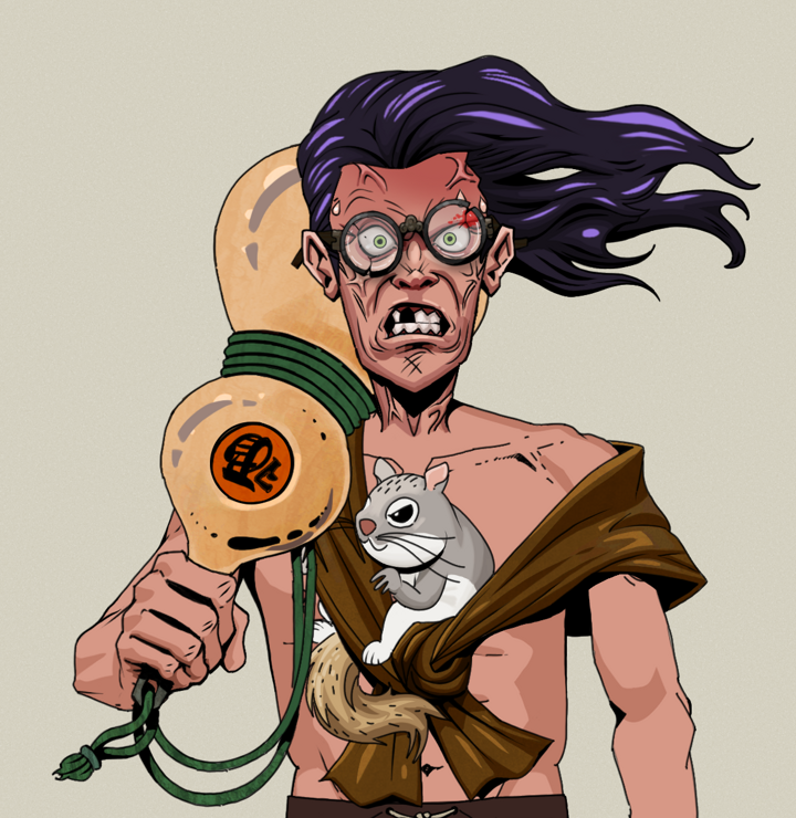 Angry Ikari — Degen Dojo NFT art (Shirtless Runt, Warm Grey, Degens, Little Momonga Friend, Angry Ikari, Bloodied Glasses, Flowing Battousai, Giant Sake Bottle, Mint)