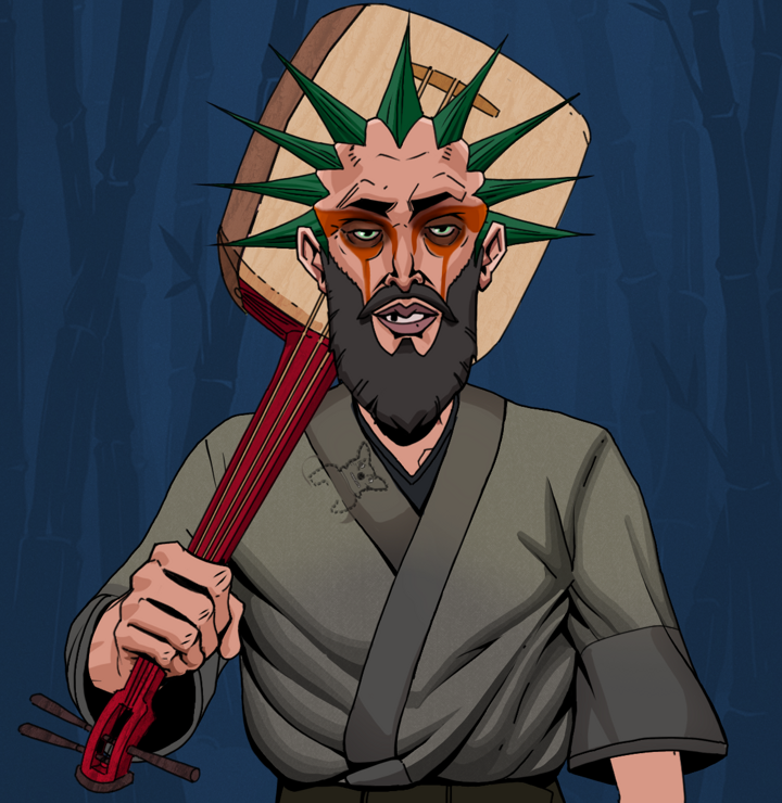 Oleg Of War — Degen Dojo NFT art (Shirtless Runt, Night Forest, Degens, Puppy Kimono, Oleg Of War, Zapachi, Shamisen, Mint)