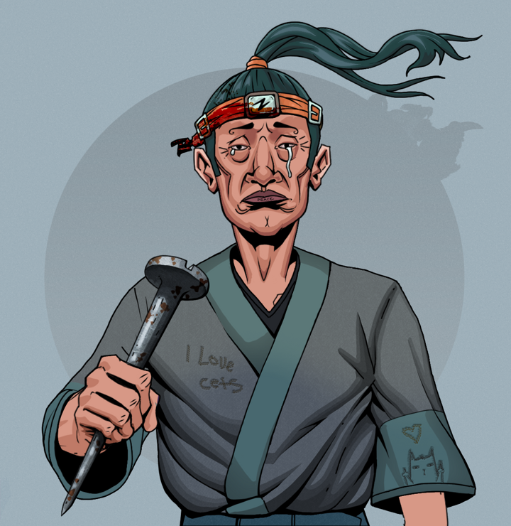 Teary Goro — Degen Dojo NFT art (Shirtless Runt, Grey Mist, Degens, Cet Kimono, Teary Goro, Green Bandana, Rusty Nail, Mint)