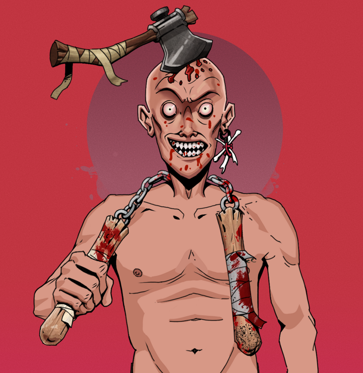 Assassin Fuzen — Degen Dojo NFT art (Finger Bones, Red High Moon, Degens, Nudey Freak, Assassin Fuzen, Shirtless Runt, Splitting Axe Ache, Bloody Nunchucks, Mint)