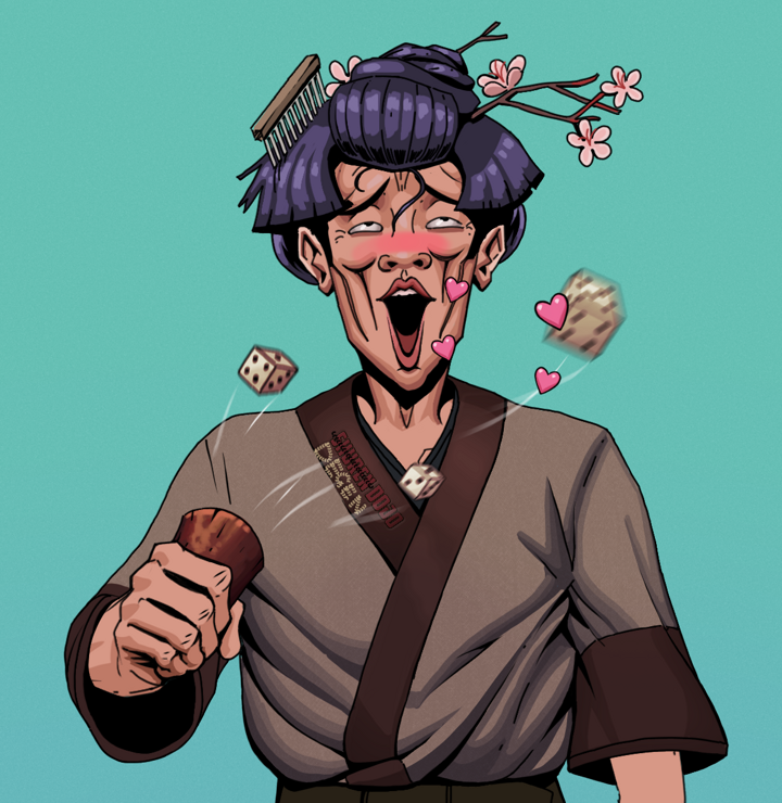 Lovey Haruto — Degen Dojo NFT art (Shirtless Runt, Teal Daytime, Degens, Degen Dojo Kimono, Lovey Haruto, Disheveled Geisha, Chō-Han Gambling Dice, Mint)