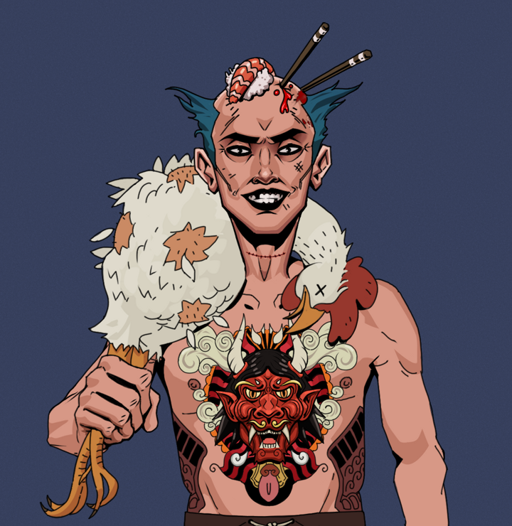 Junichiro Reborn — Degen Dojo NFT art (Shirtless Runt, Blue Evening, Degens, Red Oni Tattoo, Junichiro Reborn, Sushi Fight, Chicken, Mint)