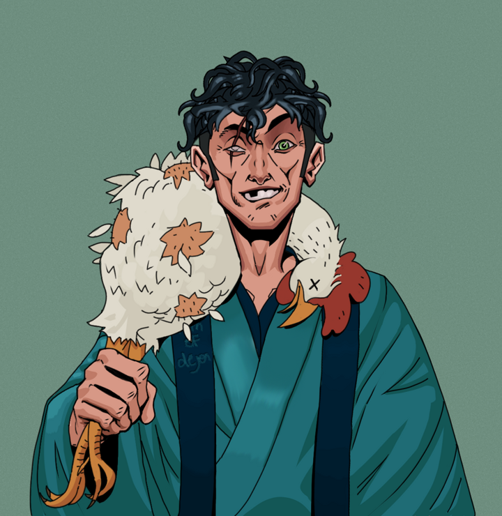 One-Eyed Itsuki — Degen Dojo NFT art (Shirtless Runt, Olive Green, Degens, Dejen Apostate, One-Eyed Itsuki, Messy, Chicken, Mint)