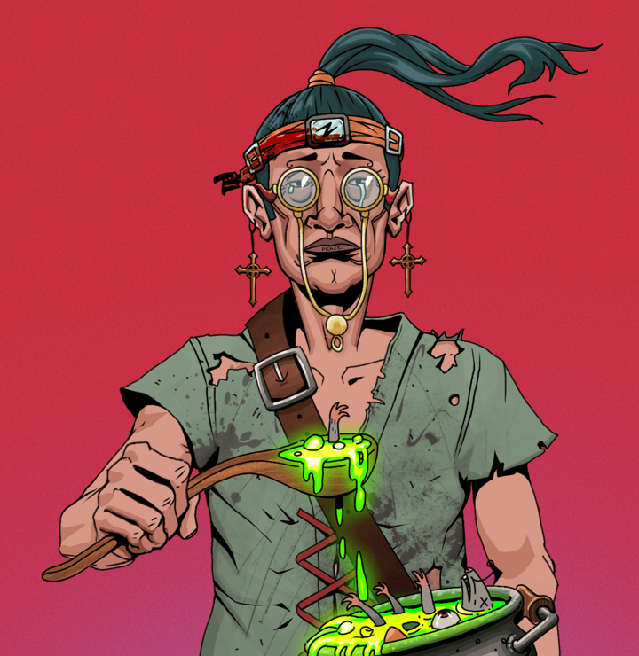 Teary Goro — Degen Dojo NFT art (Jesuit Crosses, Rising Sun, Degens, Dirty Peasant Rags, Teary Goro, Pompous Glasses, Green Bandana, Shaman Soup, Mint)