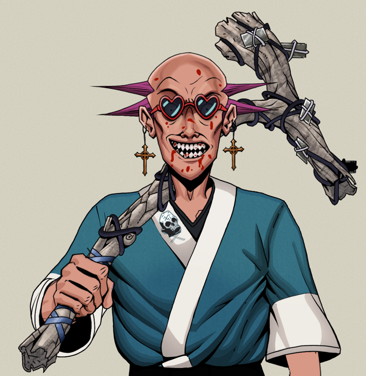 Assassin Fuzen — Degen Dojo NFT art (Jesuit Crosses, Warm Grey, Degens, Skull Kimono, Assassin Fuzen, Loveheart Shades, Dejen Mohawk, Large Branch, Mint)