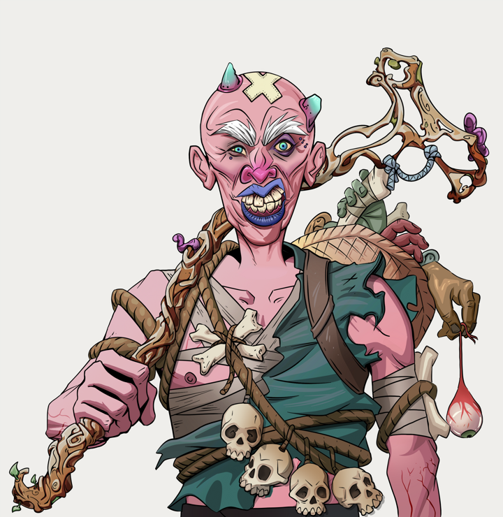 Young Yuji — Degen Dojo NFT art (Shirtless Runt, Warm Grey, Demons, Farmer, Young Yuji, Bald, Wooden Walking Cane, Mint)