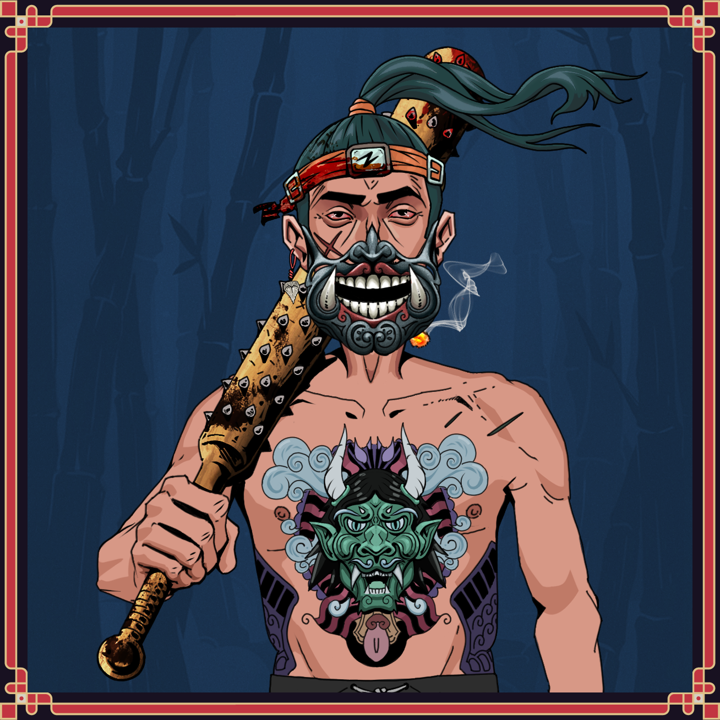 Raikou The Stoner — Degen Dojo NFT art (Shark Tooth, Night Forest, Raikou The Stoner, Blue Oni Tattoo, Degen, Hannya Half Mask, Green Bandana, Charging Dragon Leap, Yakuza Club, Framed)
