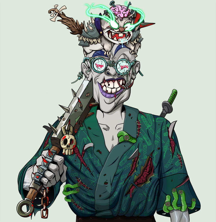 Cheery Haru — Degen Dojo NFT art (Shirtless Runt, Olive Green, Demons, Katanajamas Kimono, Cheery Haru, Dojo Graffiti, Mr. Momonga Hat, Yakuza Club, Mint)