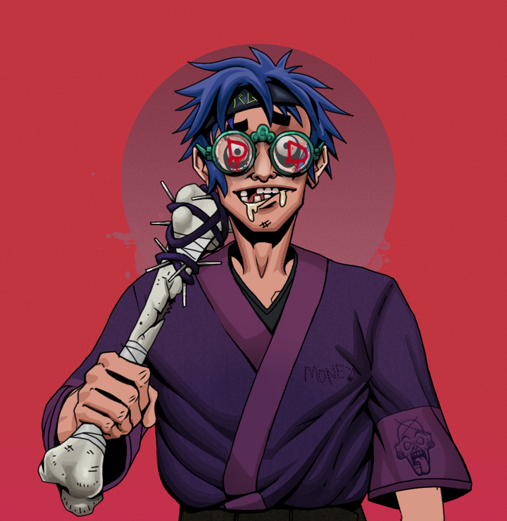 Drooling Azuma — Degen Dojo NFT art (Shirtless Runt, Red High Moon, Degens, Money Kimono, Drooling Azuma, Dojo Graffiti, Bum Headband Ruffian, Spiky Femur, Mint)
