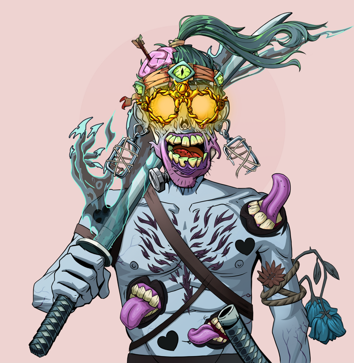 Shitless Botan — Degen Dojo NFT art (Iron Earrings, Red High Moon, Demons, Womanizer, Shitless Botan, Golden Glasses, Green Bandana, Katana, Mint)