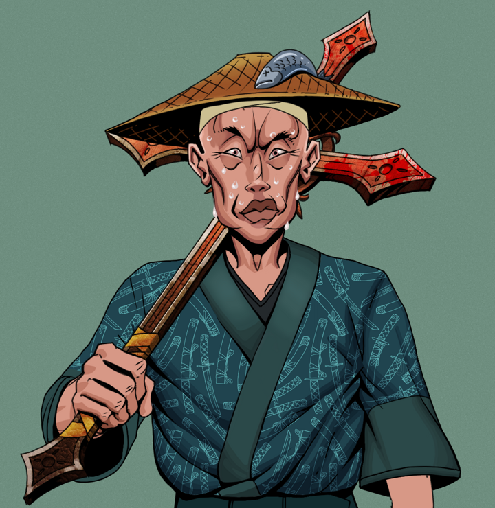Stresshead Rin — Degen Dojo NFT art (Shirtless Runt, Olive Green, Degens, Katanajamas Kimono, Stresshead Rin, Wide Kasa Fisherman, Jesuit Bloody Cross, Mint)