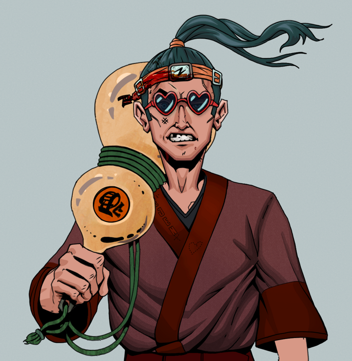 Akuma — Degen Dojo NFT art (Shirtless Runt, Light Grey, Degens, Proud Dejen Kimono, Akuma, Loveheart Shades, Green Bandana, Giant Sake Bottle, Mint)