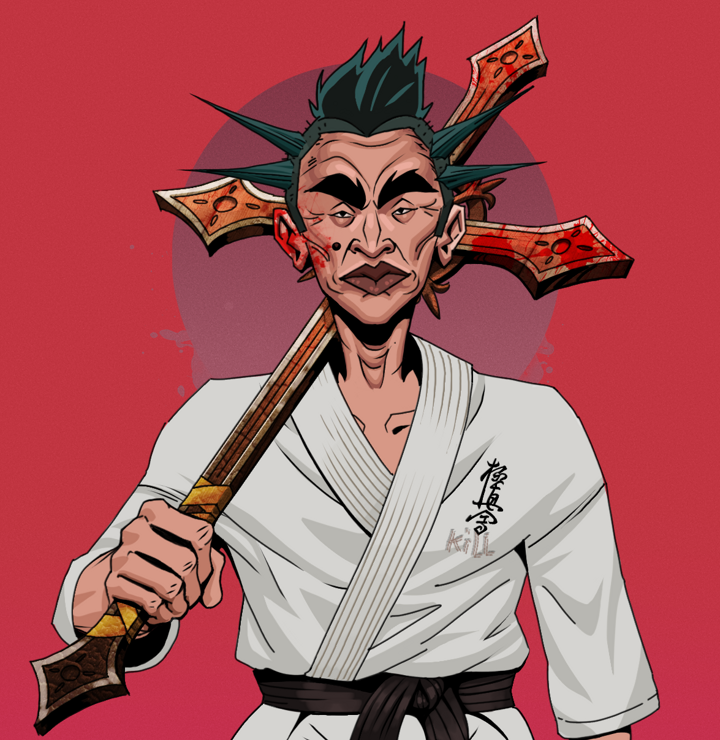 Young Yuji — Degen Dojo NFT art (Shirtless Runt, Red High Moon, Degens, Student Gi, Young Yuji, Yakuza Ruffian, Jesuit Bloody Cross, Mint)