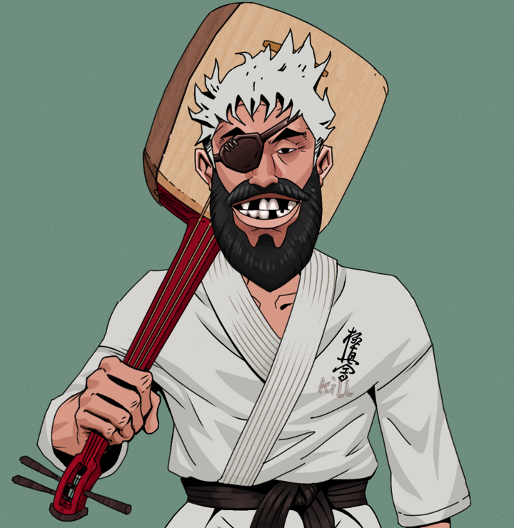 Igor The Veteran — Degen Dojo NFT art (Shirtless Runt, Olive Green, Degens, Student Gi, Igor The Veteran, Short Spiky Grey, Shamisen, Mint)