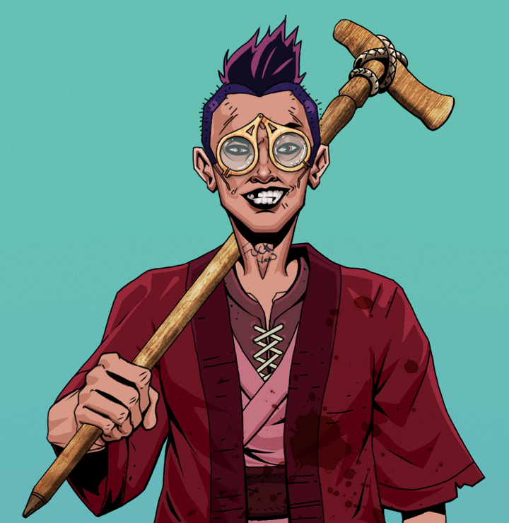 Junichiro — Degen Dojo NFT art (Shirtless Runt, Teal Daytime, Degens, Red Warrior Kimono, Junichiro, Pocket Glasses, Yakuza Hooligan, Wooden Walking Cane, Mint)