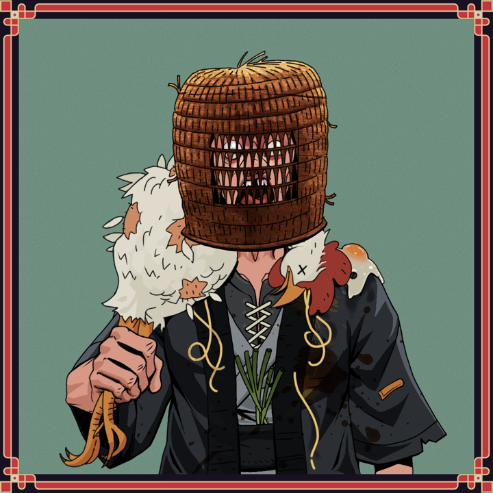 Tokuda — Degen Dojo NFT art (Shirtless Runt, Olive Green, Tokuda, Glutton Fight, Degen, Tengai Basket, Sneaky Shade Surge, Chicken, Framed)