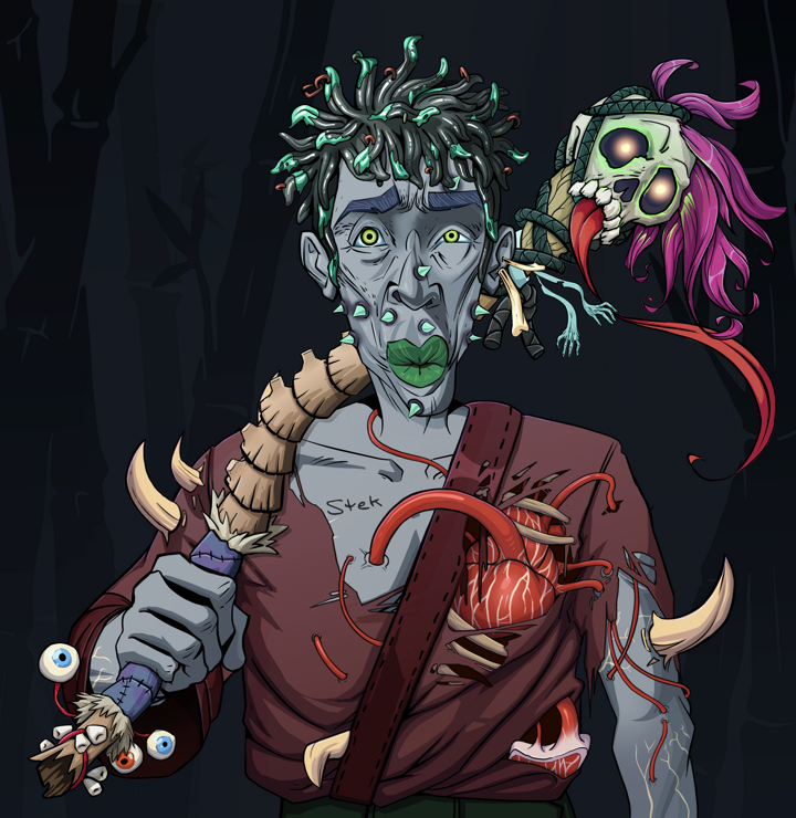 Gloomy Masumi — Degen Dojo NFT art (Finger Bones, Night Forest, Demons, Proud Dejen Kimono, Gloomy Masumi, Shirtless Runt, Black Bantu Knots, Shaman Skull Staff, Mint)