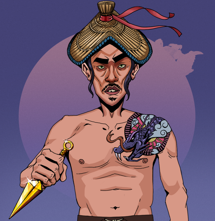 Gloomy Masumi — Degen Dojo NFT art (Shirtless Runt, Purple Night, Degens, Dragon Head Tattoo, Gloomy Masumi, High Straw Rice Hat, Golden Kunai, Mint)