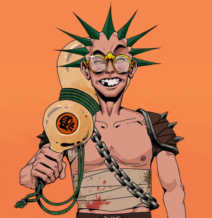 Cheery Haru — Degen Dojo NFT art (Shirtless Runt, Orange Afternoon, Degens, Mercenary, Cheery Haru, Golden Glasses, Zapachi, Giant Sake Bottle, Mint)