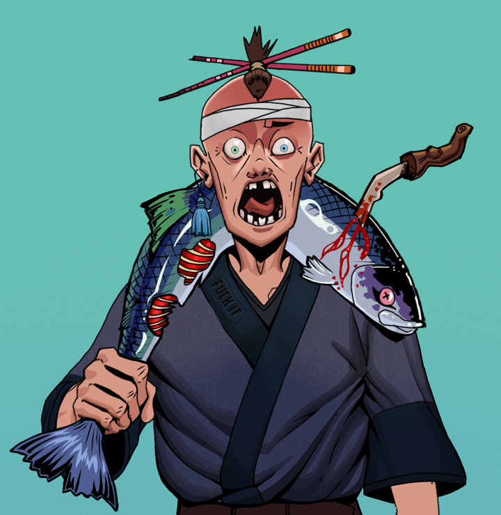 Tokuda — Degen Dojo NFT art (Tassel, Teal Daytime, Degens, Fuck You Kimono, Tokuda, Shirtless Runt, Hair Bun With Chopsticks, Dead Fish, Mint)