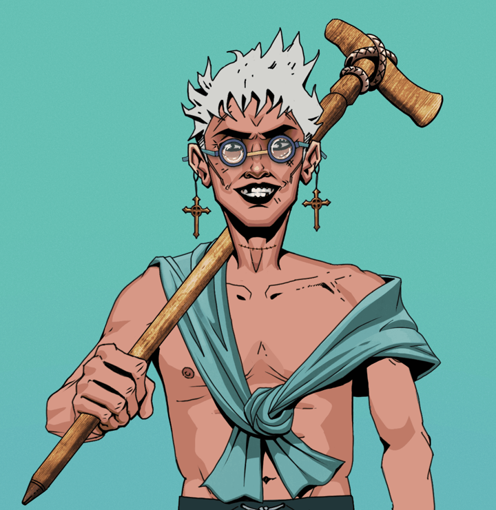 Junichiro Reborn — Degen Dojo NFT art (Jesuit Crosses, Teal Daytime, Degens, Queeny Chic, Junichiro Reborn, Spectacles, Short Spiky Grey, Wooden Walking Cane, Mint)