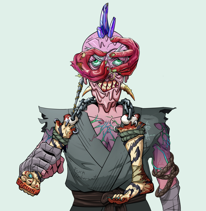 Assassin Fuzen — Degen Dojo NFT art (Shark Tooth, Teal Daytime, Demons, Student Gi, Assassin Fuzen, Shoji Tassel Glasses, Mohawk Spike, Bloody Nunchucks, Mint)