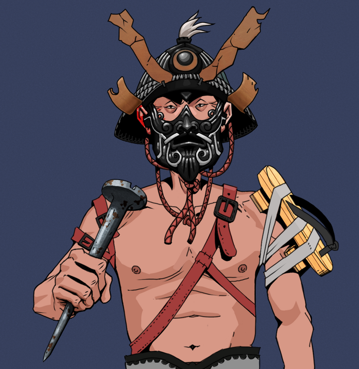 Young Yuji — Degen Dojo NFT art (Shirtless Runt, Blue Evening, Degens, Strap On Geta, Young Yuji, Black Iron Kabuto, Rusty Nail, Mint)