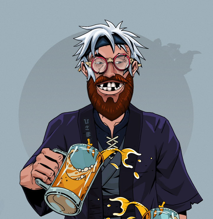 Igor The Bear — Degen Dojo NFT art (Shirtless Runt, Grey Mist, Degens, Daimyo Warrior Kimono, Igor The Bear, Broken Glasses, White Ruffian, Beer Splash, Mint)