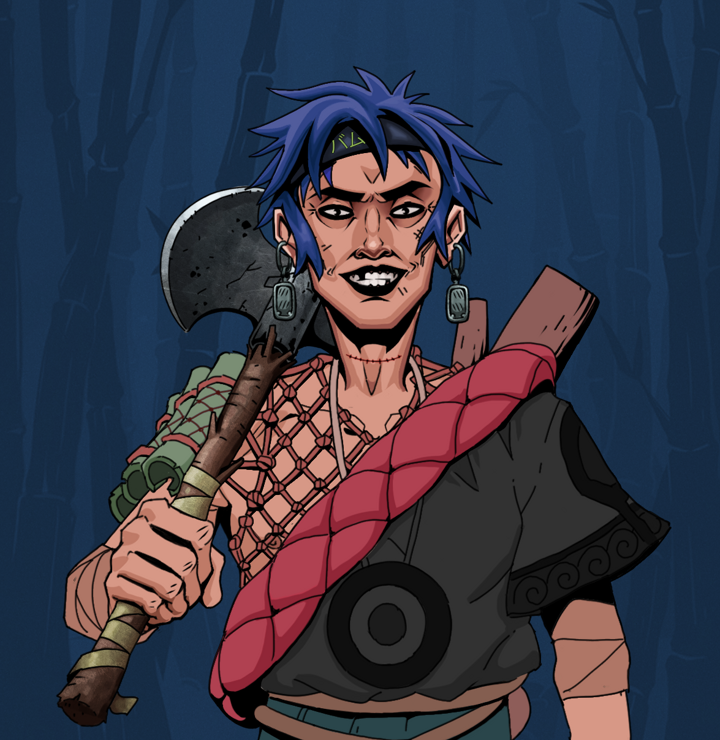 Junichiro Reborn — Degen Dojo NFT art (Iron Earrings, Night Forest, Degens, Village Leader, Junichiro Reborn, Shirtless Runt, Bum Headband Ruffian, Axe, Mint)