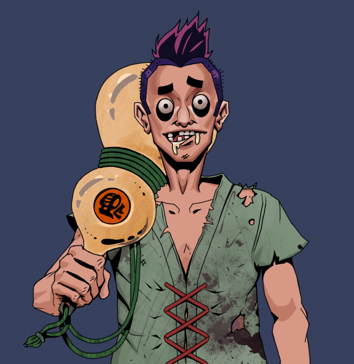 Drooling Azuma — Degen Dojo NFT art (Shirtless Runt, Blue Evening, Degens, Dirty Peasant Rags, Drooling Azuma, Yakuza Hooligan, Giant Sake Bottle, Mint)