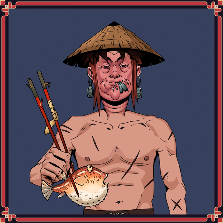 Fatty Bobsticks — Degen Dojo NFT art (Iron Earrings, Blue Evening, Fatty Bobsticks, Battle Scars, Degen, Shirtless Runt, Rice Hat, Flaring Rat Tickle, Frightened Fugu, Framed)