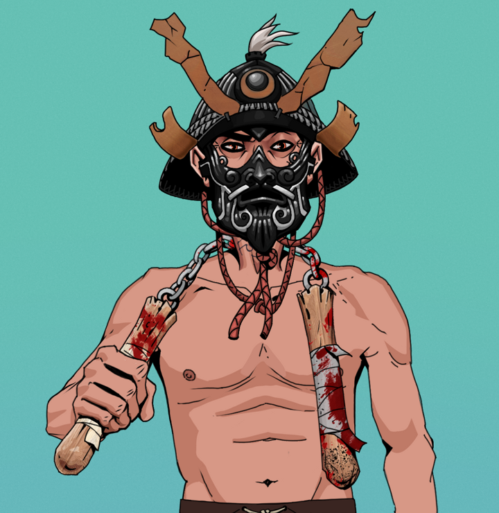 Junichiro — Degen Dojo NFT art (Shirtless Runt, Teal Daytime, Degens, Junichiro, Black Iron Kabuto, Bloody Nunchucks, Mint)