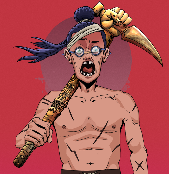Tokuda — Degen Dojo NFT art (Shirtless Runt, Red High Moon, Degens, Battle Scars, Tokuda, Spectacles, Long Flowing, Bronze Fisted Sickle, Mint)
