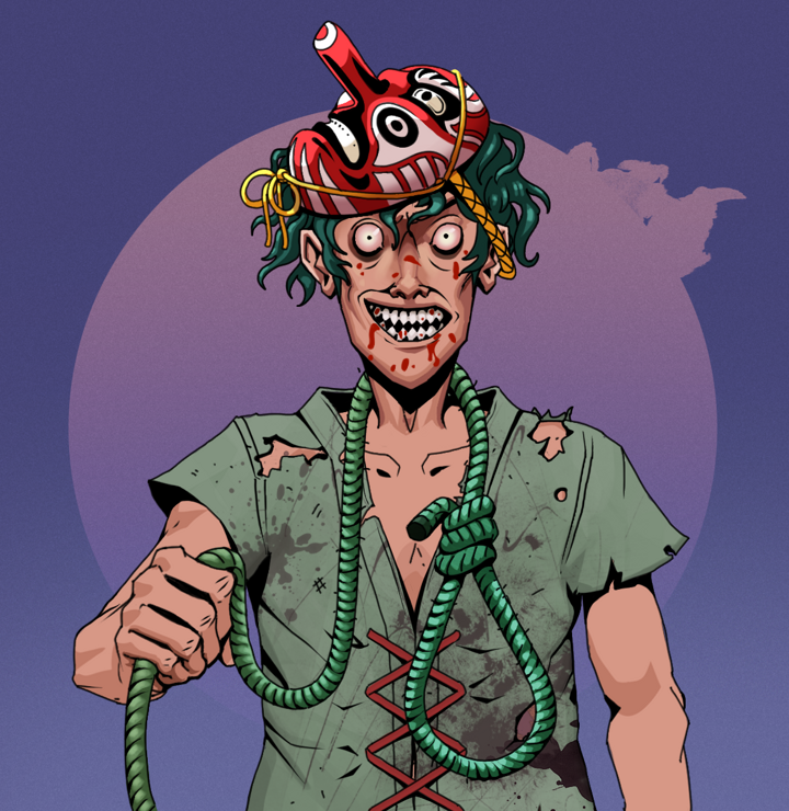 Assassin Fuzen — Degen Dojo NFT art (Shirtless Runt, Purple Night, Degens, Dirty Peasant Rags, Assassin Fuzen, Tengu Mask, Noose, Mint)