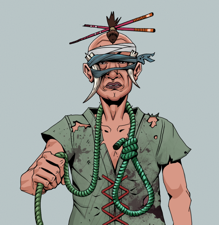 Goro — Degen Dojo NFT art (Shirtless Runt, Light Grey, Degens, Dirty Peasant Rags, Goro, Tied Horns, Hair Bun With Chopsticks, Noose, Mint)