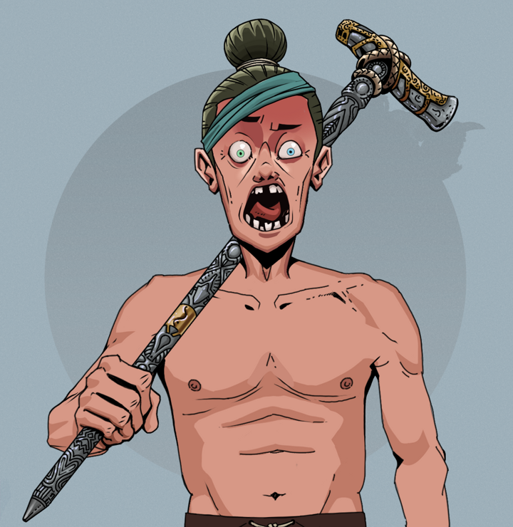 Tokuda — Degen Dojo NFT art (Shirtless Runt, Grey Mist, Degens, Tokuda, Hair Bun, Artisan Walking Cane, Mint)