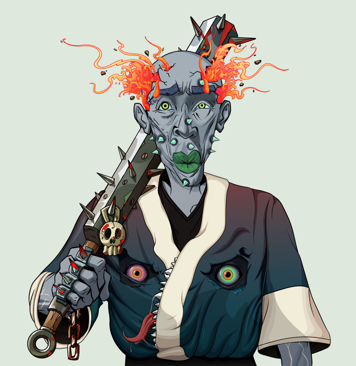 Gloomy Masumi — Degen Dojo NFT art (Shirtless Runt, Olive Green, Demons, Skull Kimono, Gloomy Masumi, Red Heihachi, Yakuza Club, Mint)
