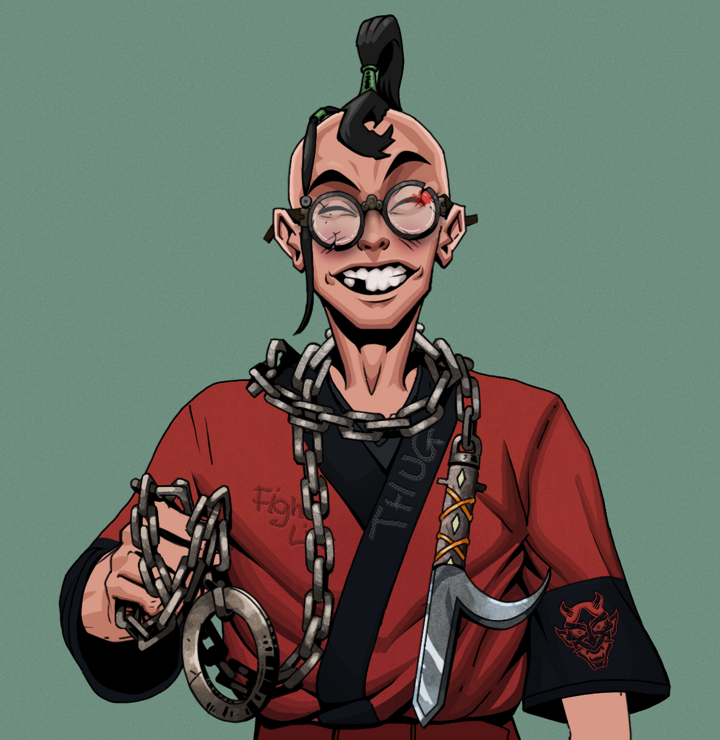 Cheery Haru — Degen Dojo NFT art (Shirtless Runt, Olive Green, Degens, Red Oni Kimono, Cheery Haru, Bloodied Glasses, Dejen Samurai, Heavy Kyoketsu, Mint)