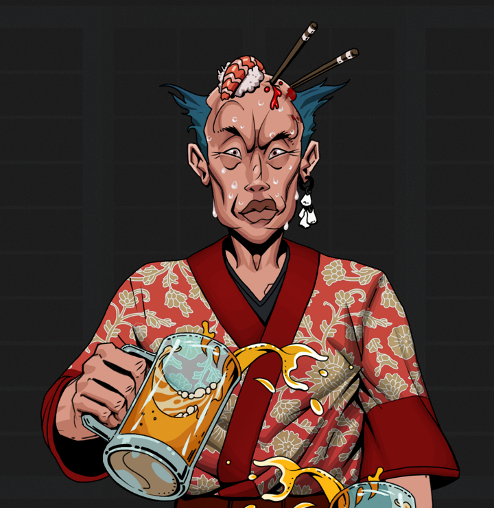 Stresshead Rin — Degen Dojo NFT art (Foes Teeth, Shoji Night, Degens, Silken Sunflower Kimono, Stresshead Rin, Shirtless Runt, Sushi Fight, Beer Splash, Mint)