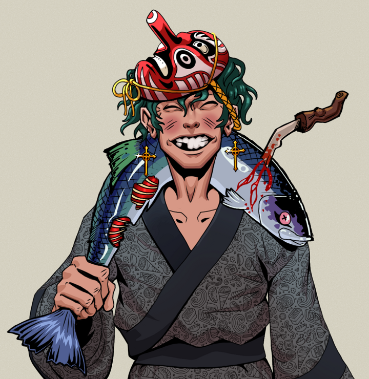 Cheery Haru — Degen Dojo NFT art (Golden Jesuit Crosses, Warm Grey, Degens, Sushi Love Loose Kimono, Cheery Haru, Shirtless Runt, Tengu Mask, Dead Fish, Mint)