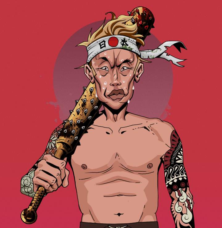 Stresshead Rin — Degen Dojo NFT art (Shirtless Runt, Red High Moon, Degens, Yakuza Tattoo Sleeves, Stresshead Rin, Karate Headband, Yakuza Club, Mint)
