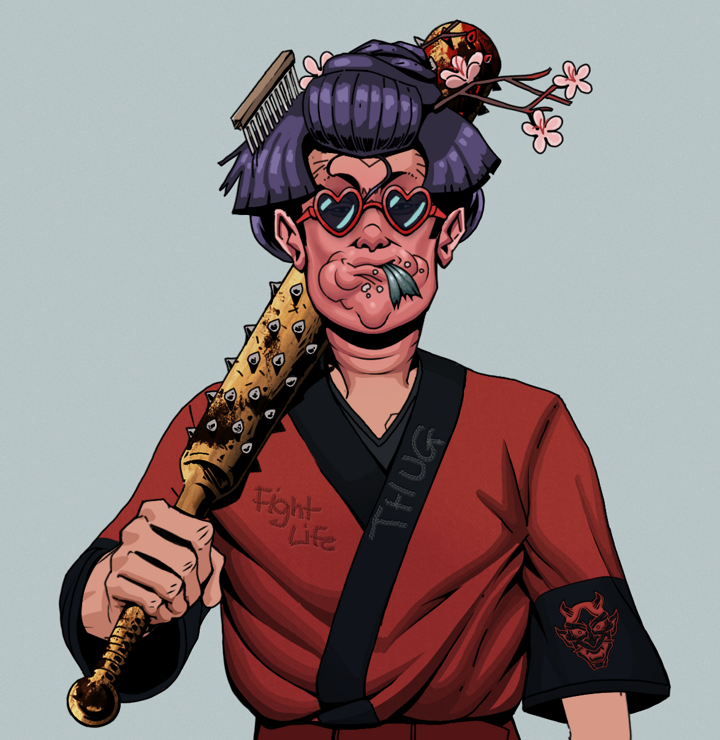 Fatty Bobsticks — Degen Dojo NFT art (Shirtless Runt, Light Grey, Degens, Red Oni Kimono, Fatty Bobsticks, Loveheart Shades, Disheveled Geisha, Yakuza Club, Mint)