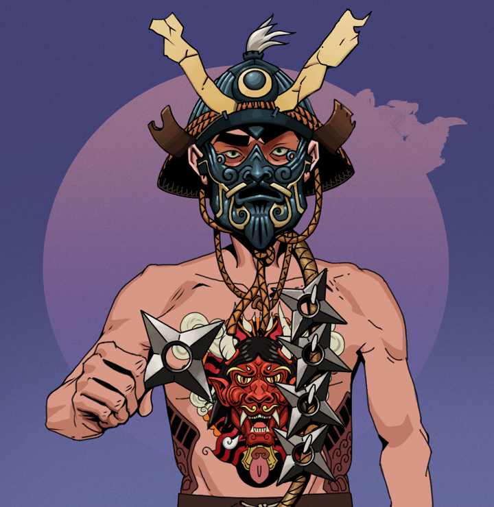 Gloomy Masumi — Degen Dojo NFT art (Shirtless Runt, Purple Night, Degens, Red Oni Tattoo, Gloomy Masumi, Tatami Kabuto, Shuriken Belt, Mint)